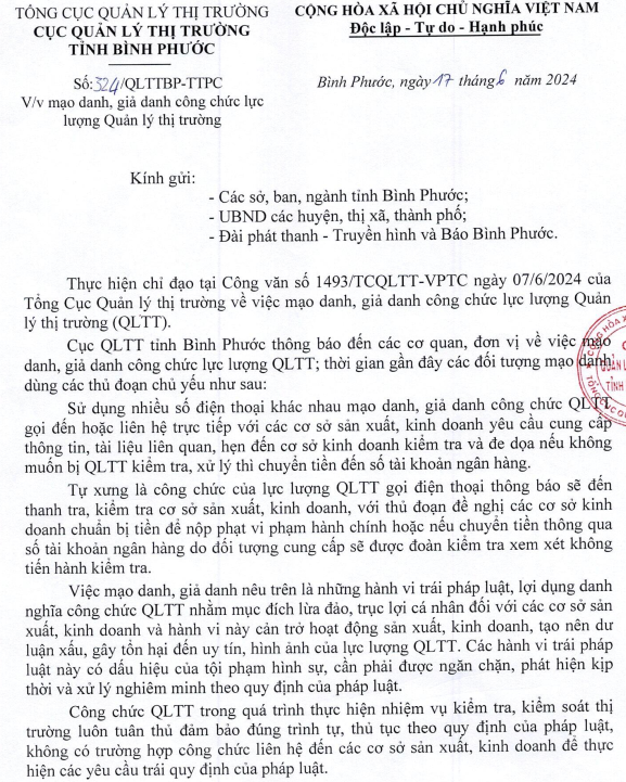 Cục Quản lý thị trường tỉnh Bình Phước thông báo đến các cơ quan, đơn vị về việc mạo danh, giả danh công chức lực lượng QLTT