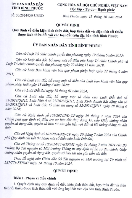 QUYẾT ĐỊNH QUY ĐỊNH ĐIỀU KIỆN TÁCH THỬA ĐẤT, HỢP THỬA ĐẤT VÀ DIỆN TÍCH TỐI THIỂU ĐƯỢC TÁCH THỬA ĐỐI VỚI CÁC LOẠI ĐẤT TRÊN ĐỊA BÀN TỈNH BÌNH PHƯỚC