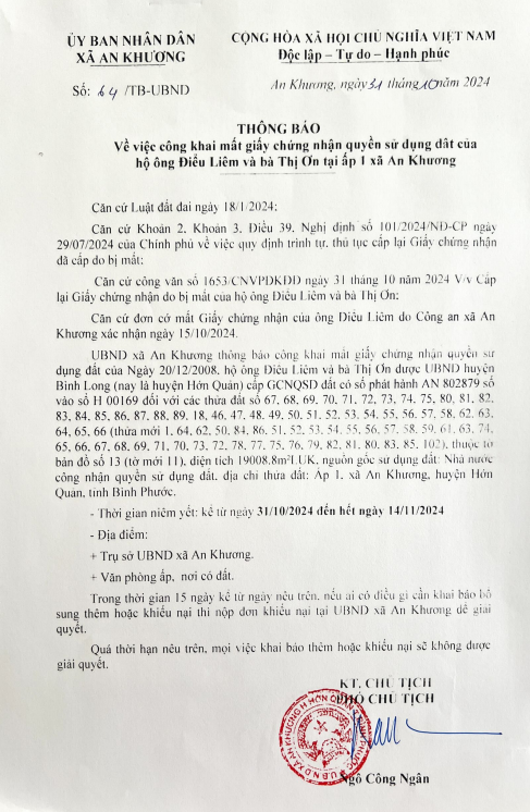 THÔNG BÁO  Mất giấy chứng nhận quyền sử dụng đất của hộ ông Điểu Liêm và Bà Thị Ơn ấp 1 xã An Khương